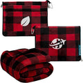 PAVILIA Travel Blanket and Pillow, Arms Opening Airplane Blankets for Adults, Compact Plane Blanket with Arm Hole 2-in-1 Bag for Flight Car Camping Luggage Backpack Traveler Gift, Checkered Red by PAVILIA