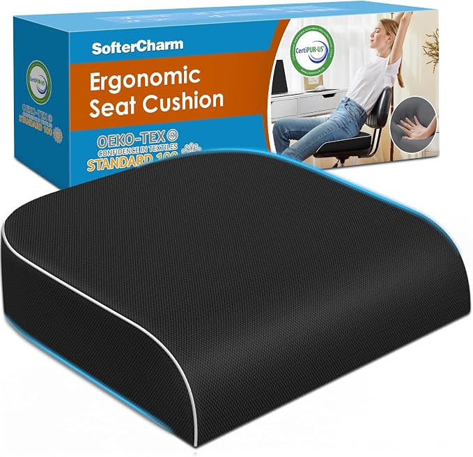 Seat Cushion, Memory Foam Office Chair Cushion, Black, Large | Office Desk Accessories, Butt Pillow for Long Sitting Sciatica, Coccyx, Tailbone, Hip Pain Relief - for Home, Car, Airplane by Unknown