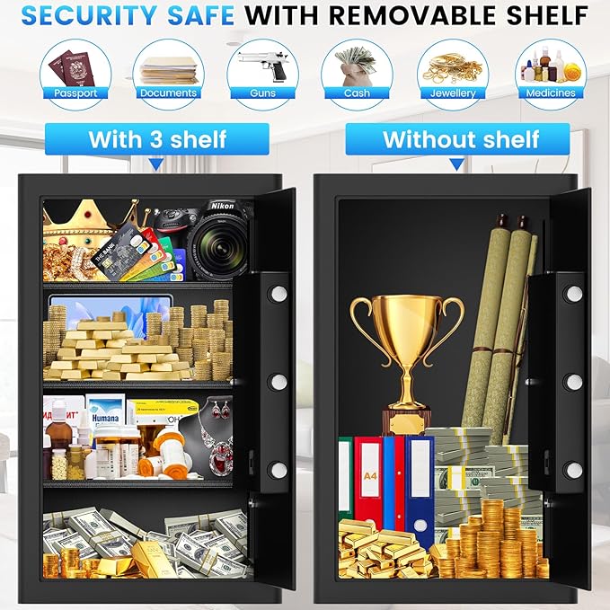 27.56"H Steel Safe Box, 6.0 Cuft Home Safes with Fireproof Waterproof Bag | Digital Security Safes with Programmable Keypad Keys, Smart Alert, Mute Mode, Anti-theft Safety Box for Documents Valuables - Image 4