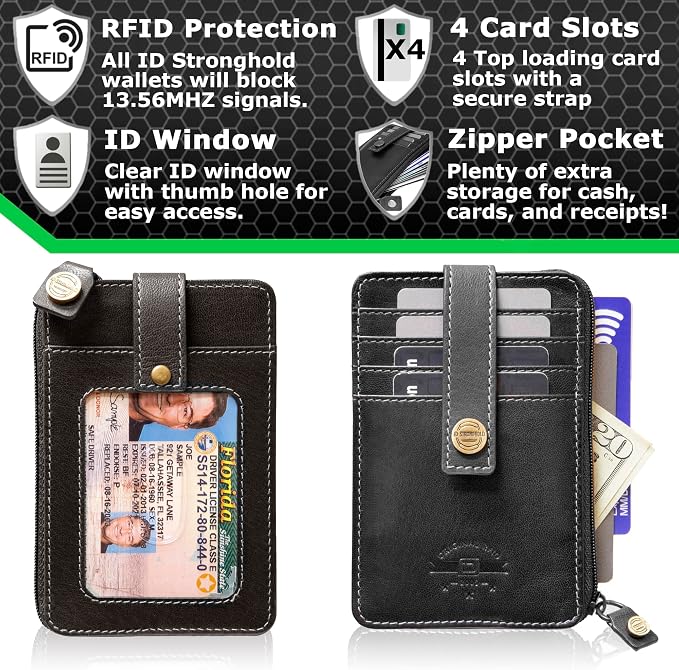 ID Stronghold RFID Blocking Front Pocket Wallet – Slim Minimalist Genuine Leather Wallet with Zipper Coin Pocket (Mega Black) - Image 4