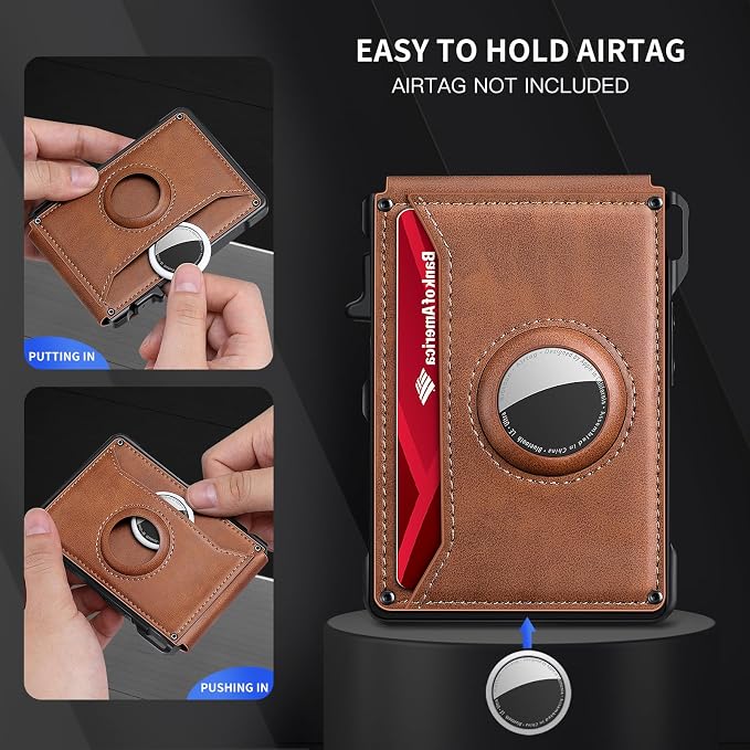 KIKVES Airtag Wallet for Men, Mens Smart Wallet for Air Tag RFID Blocking, Minimalist Bifold Pop Up Aluminum Credit Card Case Holder 12+ Cards with ID Window, Gift for Men, No Airtag Included, Brown - Image 8