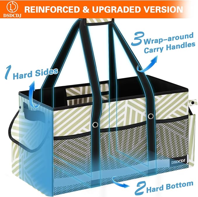 Extra Large Utility Tote Bag with Reflective Strip, Standing Reusable Grocery Bags with Hard Bottom, Collapsible Utility Tote with Handles for Shopping, Beach, Picnics, Car, Striped Gray - Image 4