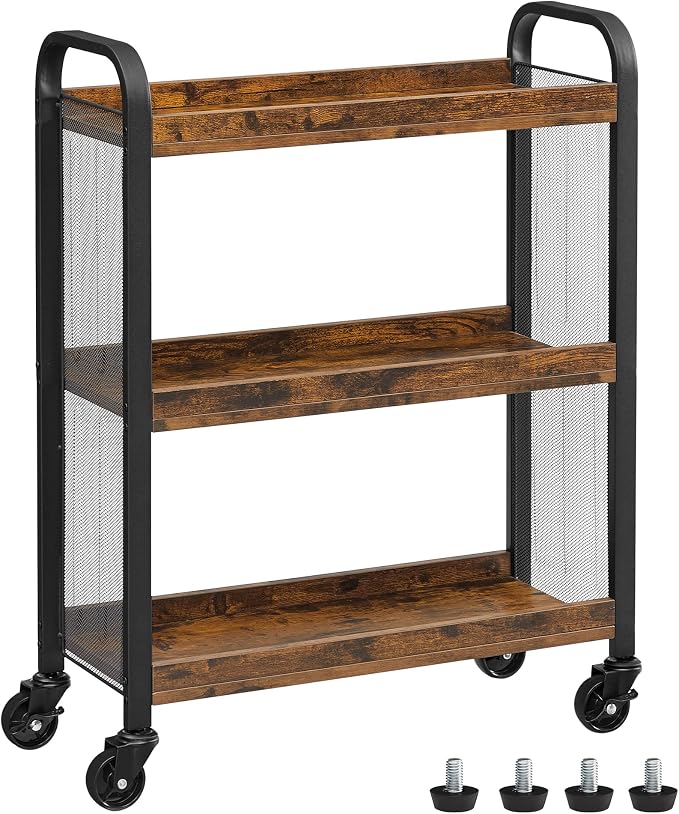 VASAGLE 3-Tier Narrow Storage Cart, Rolling Cart with Wheels, Steel Frame | Slim Storage Cart for Kitchen, Adjustable Feet, Traditional Basic Style, Rustic Brown and Black, DACEY Collection ULRC66BX by Unknown