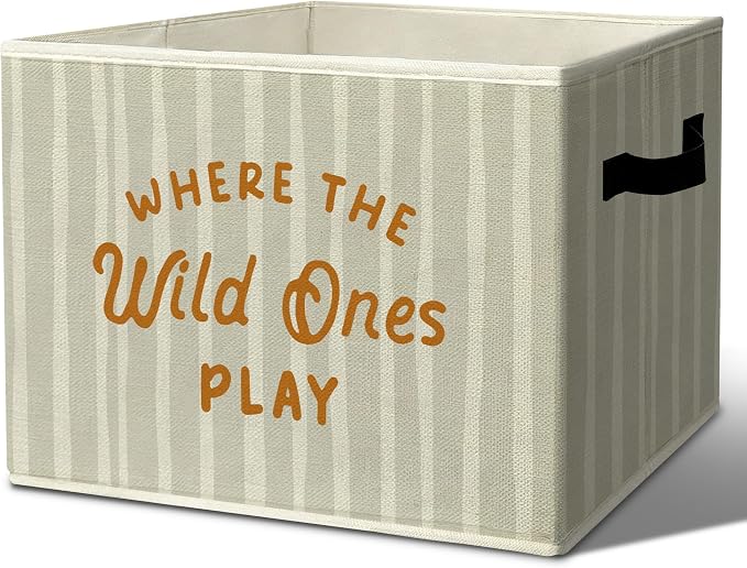 Rustic Where the Wild Ones Play Storage Bins Boxes with Handles | toys books clothes, neutral striped nursery foldable basket for organizing bedroom toddler room playroom by Unknown