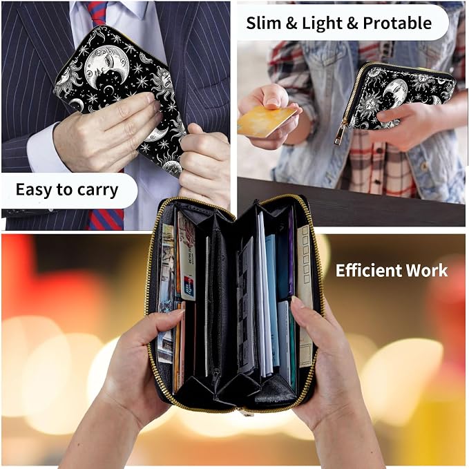 Wallet,Leather Long Wallet Suitable For Ladies And Teenagers - Detachable Wristband + RFID Travel Wallet With Card Slot - Vintage Sun Moon Stars - Image 7