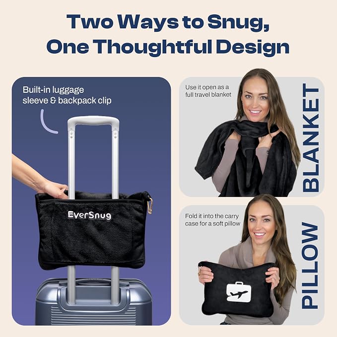 EverSnug Travel Blanket and Pillow - Ultra-Soft, Compact & Lightweight, 65x40 Inches, with Carry Case, Luggage Sleeve & Backpack Clip for Airplane Comfort (Black) - Image 2