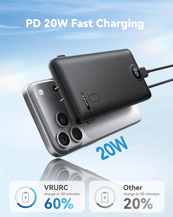 VRURC 10000mAh 22.5W Portable Charger, AC Plug & Built-in Cables,Black | Slim battery pack ,PD 20W fast charging, for business travel,compatible with iPhone & Samsung - Image 3
