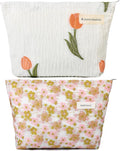 SOIDRAM 2 Pieces Flower Makeup Bag Large Floral Cosmetic Bag Capacity Canvas Travel Toiletry Bag Organizer Cute Makeup Brushes Aesthetic Accessories Storage Bag for Women, Embossed flower L White Pink by SOIDRAM