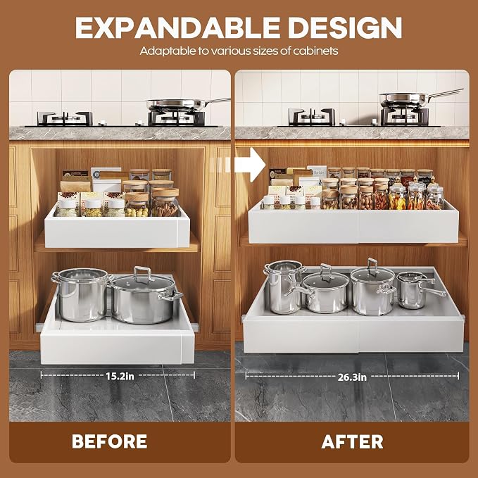 Seinloes 2 Pack Expandable Pull Out Cabinet Organizer 21"Deep With Raising Pad for Framed Cabinets,Upgrade 3 Slide Rails Slide Out Drawers,Roll Out Shelves Adhesive,Adjustable Width 15.15"-26.3" White - Image 3