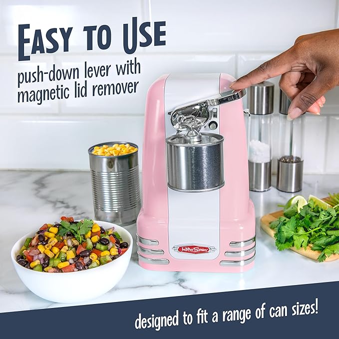 Nostalgia Retro Electric Can Opener for Kitchen with Magnetic Lid Remover, Knife Sharpener, and Soda or Beer Bottle Opener, Pink - Image 3