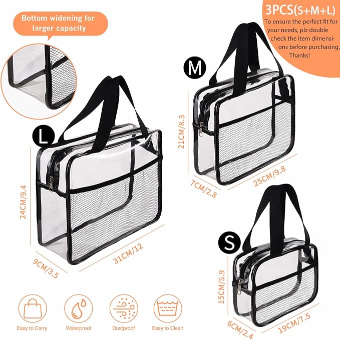 XEWEA 3PCS Clear Travel Toiletry Bags with Handles & Pocketfor Men Women | TSA Approved Transparent Makeup Bag, Waterproof PVC Organizer with Zipper for Toiletries Airline Essentials - Image 2
