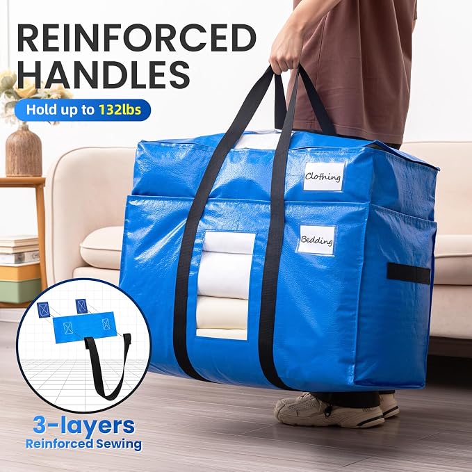 TAILI 2 Tier Moving Bags,4 Blue Silver Storage Bags with Visible Window | XXL Heavy Duty Totes For Home Storage,Wrap Around Handles,Storage Bags for College Dorm, Alternative to Moving Boxes - Image 4