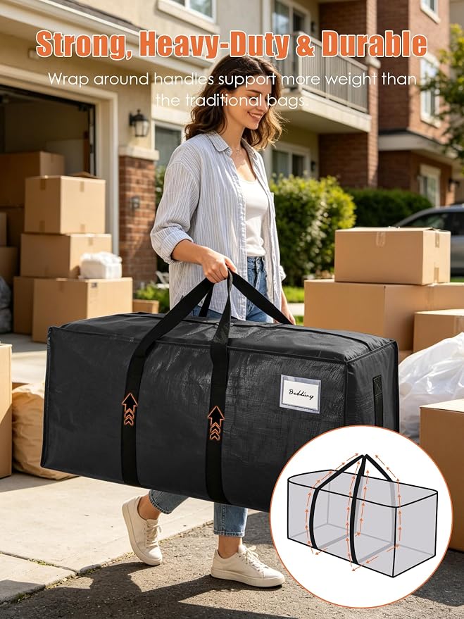 SWEET DOLPHIN 8 Pack 200LB Heavy-Duty Moving Bags with Wrap-Around Handles, Extra Large Storage Totes for Space Saving, Clothes Storage Bags, College Dorm Essentials, Black, 24 Gal - Image 2