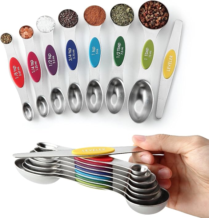 Spring Chef Stainless Steel 8 Magnetic Measuring Spoons, 2 Pack, Multicolor | Dual Sided Metal Teaspoon & Tablespoon Measuring Spoons with Leveler for Dry & Liquid Ingredients, Nesting, Dishwasher Safe by SpringChef