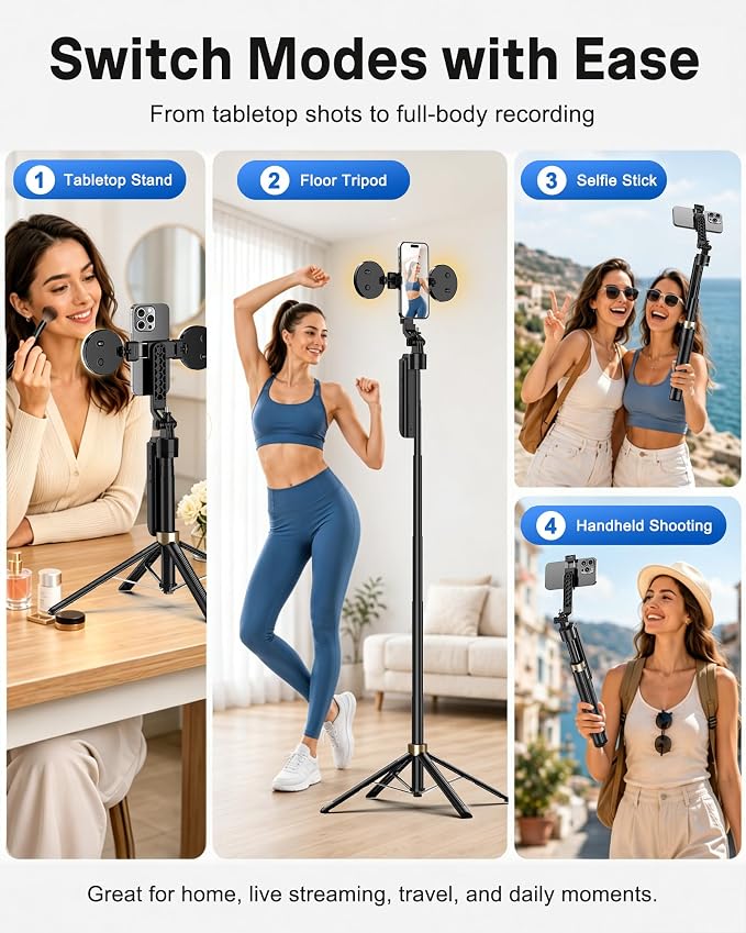 UBeesize 70" Auto Face Tracking Phone Tripod for iPhone & Camera with Light | 360° Auto Follow, Selfie Stick Mode, Dual Mini Ring Lights & Remote for Video Recording, Live Streaming and Content Creation - Image 6