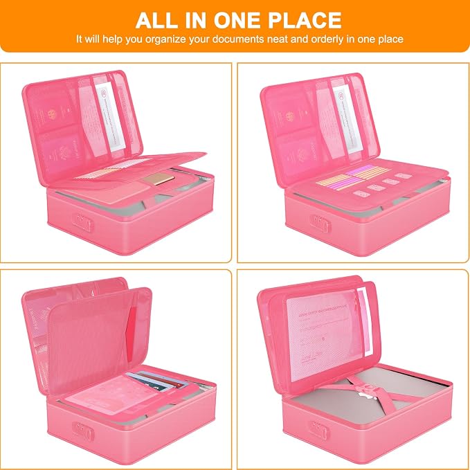 5200℉ Fireproof Document Box with Lock 16.1"x11.4"x4.3"- 8 Layers | Home ,Travel ,Strong, Water Resistant,Safe Storage Document Storage Organizer for Important Documents and File,Pink - Image 3