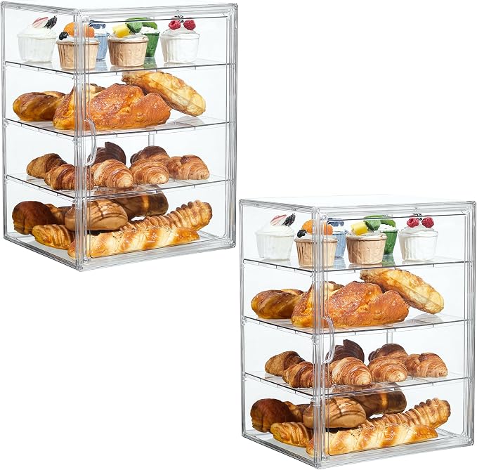 Bread Box for Kitchen Countertop, 4 Layers Pastry Display Case, 2 Pack | Easy Assembly, Adjustable Shelves, Magnetic Door, Clear View, Stable Design, Bakery Display, 15.5 x 11.4 x 9.8 Inch by SANKEUHomeStorage