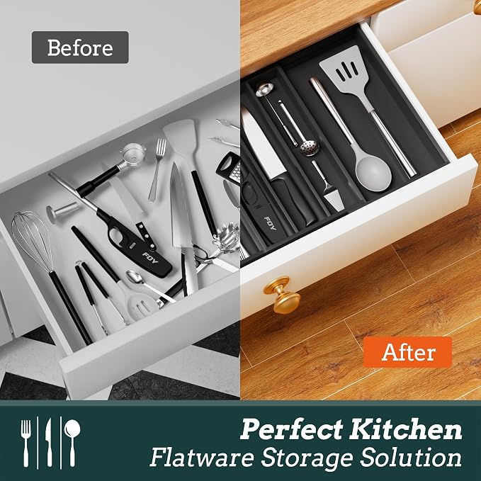 Bamboo Expandable Silverware Drawer Organizer 11 Slots Utensil Holder Black | Magnetic Adjustable Connection, 21-37.4 Inch Telescopic, 11 Divided Compartments, Black Bamboo, Classify All Kitchen Flatware - Image 7