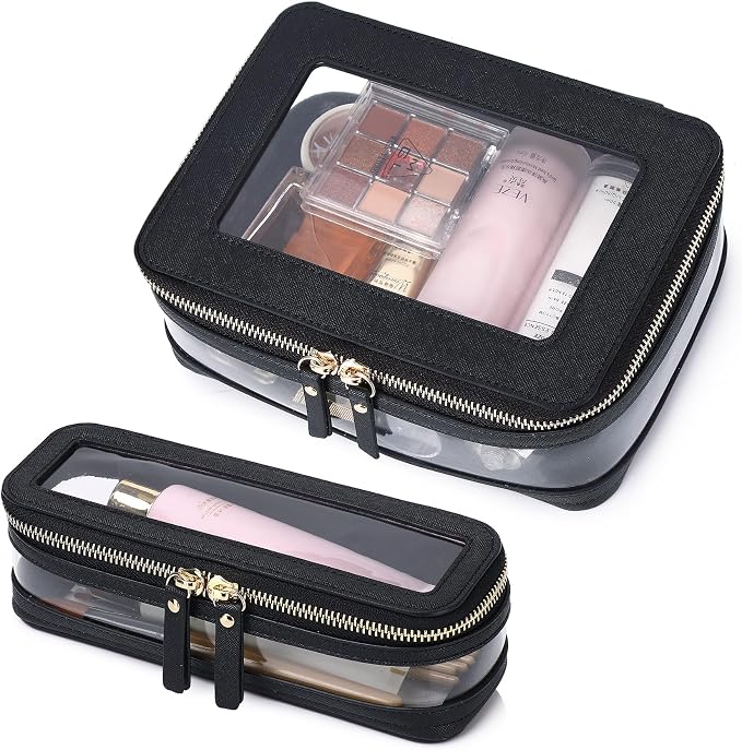 Pinkmik Clear Makeup Bag with Brush Case, (Black, M+SLIM-1) | 2PC,Travel Toiletry Bag, Waterproof, Cosmetic Organizer, Car Essentials for Women by Pinkmik