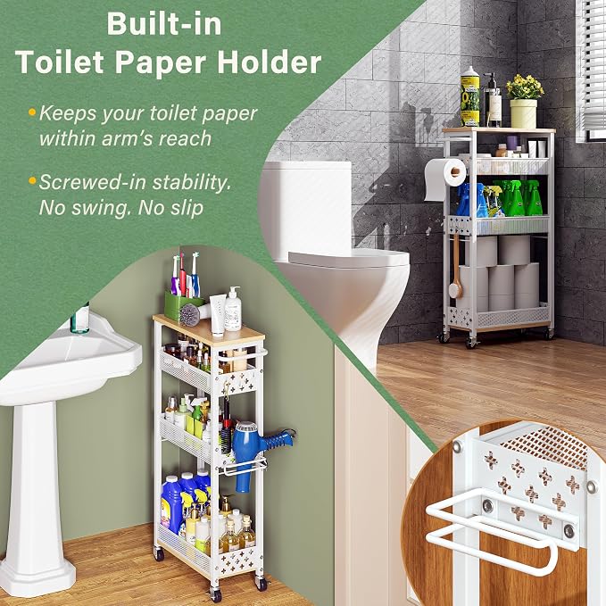 OKZEST Slim Bathroom Organizers and Storage Cart with Toilet Paper Holder | Upgraded metal hub casters, 4-Tier space-saving narrow rolling cart, Premium wood & metal mesh shelves, Holds tall bottles - Image 3