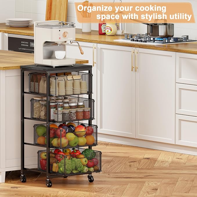 4-Tier Fruit Vegetable Storage Cart - Kitchen Organizer and Storage Cart with Wheels, Wooden Top Metal Wire Fruit Vegetable Rack Stand with Drawers to Storage Cans Snacks for Kitchen(Patent Pending) - Image 8