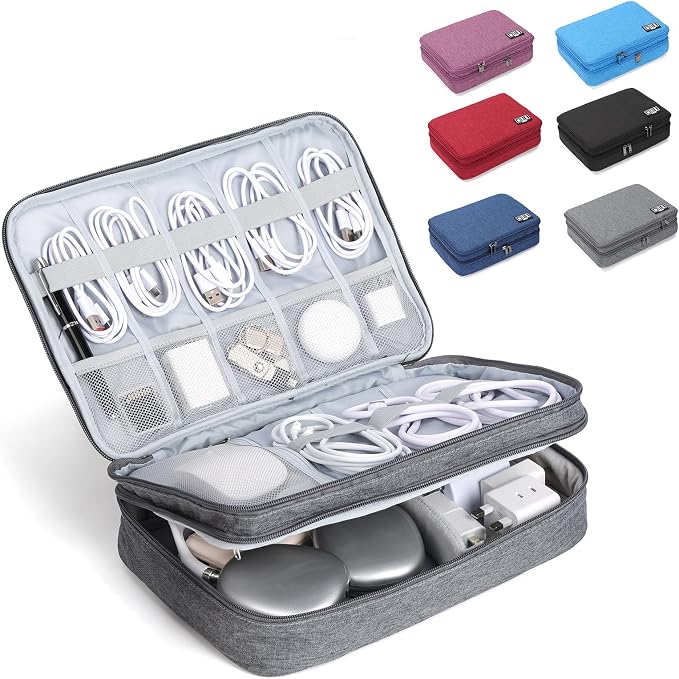Electronic Organizer Travel Case, Double Layer Cable Organizer Bag | Double-layer design with adjustable dividers, mesh pockets and elastic loops for chargers, cables, power banks and gadgets by Unknown