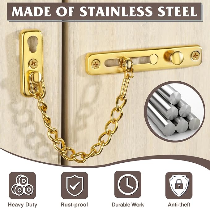 Alise Door Chain Lock Gold,Door Security Chain Lock for Inside Door,1 Pack | Stainless Steel,Door Chain Lock Guard with Spring Anti-Theft Press Button,Door Lock Latch for Front Door - Image 6