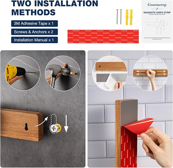 Magnetic Knife Holder for Wall 12”, Acacia Wood, No Drill, Fridge | Strong Dual-Row Magnet Holds 6 Knives & Heavy Cleavers, 3M Adhesive Tape & Screw Mount, Kitchen Knife & Utensil Organizer - Image 5