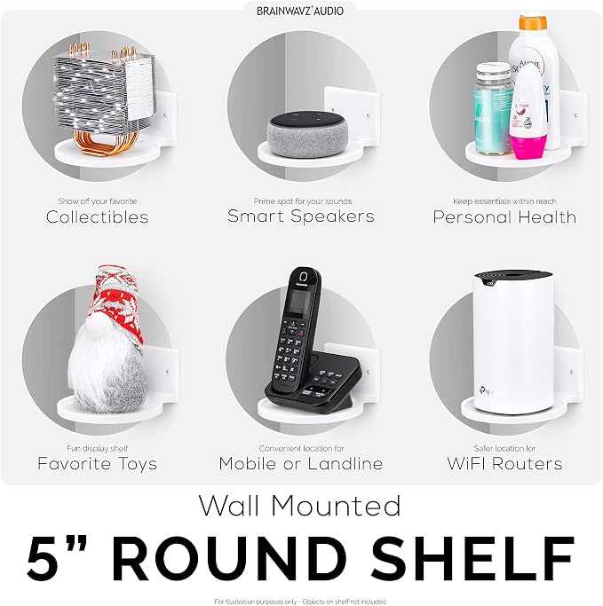 BRAINWAVZ 5” Round Floating Shelf Mount for Security Cameras Baby Monitors Speakers Plants Toys & More Universal Holder Stick-On Or Screw Mount, Easy to Install (White) - Image 8
