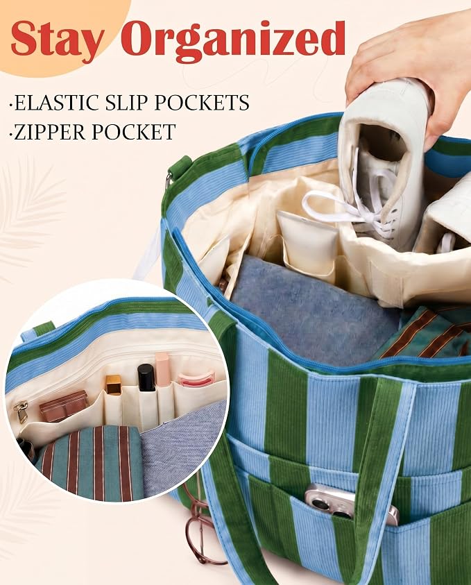 Kacctyen Striped Beach Tote Bag for Women Large Beach Foldable Tote Bag with Zipper Pockets for Travel Pool - Image 6