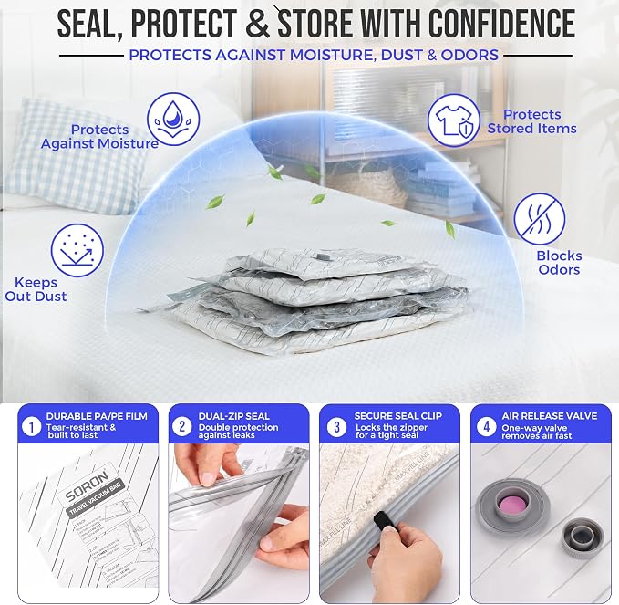SORON Vacuum Seal Bags for Clothing Travel with Pump, Vacuum Storage Bags | 28 Pack Compression Packing, 4 Sizes for Clothes, Reusable Space Saver for Carry-On & Checked Luggage or Suitcase - Image 7