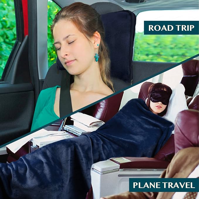 PAVILIA Travel Blanket Pillow, Soft Airplane Blanket 2-IN-1 Combo Set, Plane Blanket Compact Packable, Flight Essentials Car Pillow, Travelers Gifts Accessories Luggage Backpack Strap, 60x43 Navy Blue - Image 5