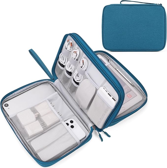 FYY Electronic Organizer, Travel Tech Pouch Bag, Extra Large, Dark Green | Wrist Strap, Waterproof, Double Layers Electronics Travel Case for iPad, Cord, Laptop Charger, Daily and Business Trips Use by FYY