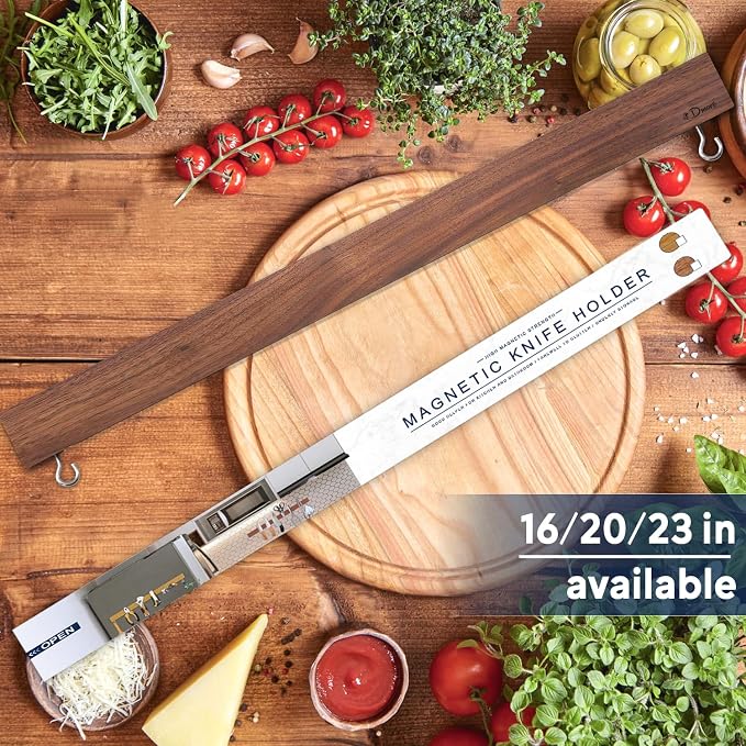 Dmore magnetic knife holder for wall—with 2 hooks, No Drilling 20 Inch walnut knife magnetic strip, Powerful knife magnet rack, include Adhesive Tape and screws for Knives, Utensils, and Tools - Image 2