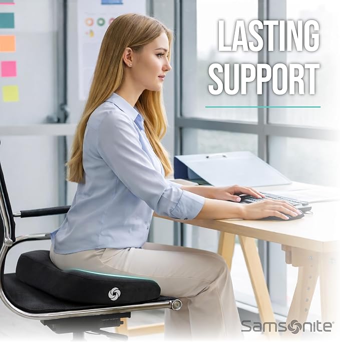 Samsonite Memory Foam Seat Cushion – Ergonomic Cushion for Office Chair, Tailbone Pressure Pad, Coccyx Support for Sciatica, Supportive Seat for Car, Desk, and Gaming Chairs, Black - Image 2