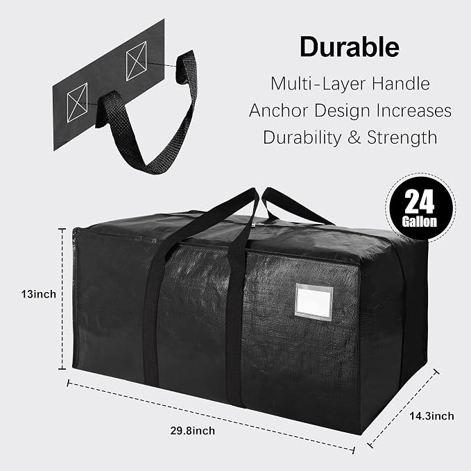 VELVETSURE Heavy Duty Extra Large Moving Bags W/Backpack Straps - Strong Handles & Zippers, Storage Totes For Space Saving, Fold Flat, Alternative to Moving Box and Storage Bin (Set of 6, Black) - Image 2
