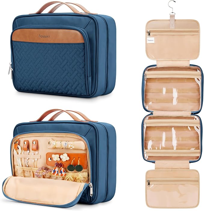 Travel Hanging Toiletry Bag for Women, with Jewelry Organizer Compartment, Medium Waterproof Hanging Makeup Accessories, Cosmetic Essentials, Toiletries Dopp Kit Set with Trolley Belt, Navy Blue by COOSKY
