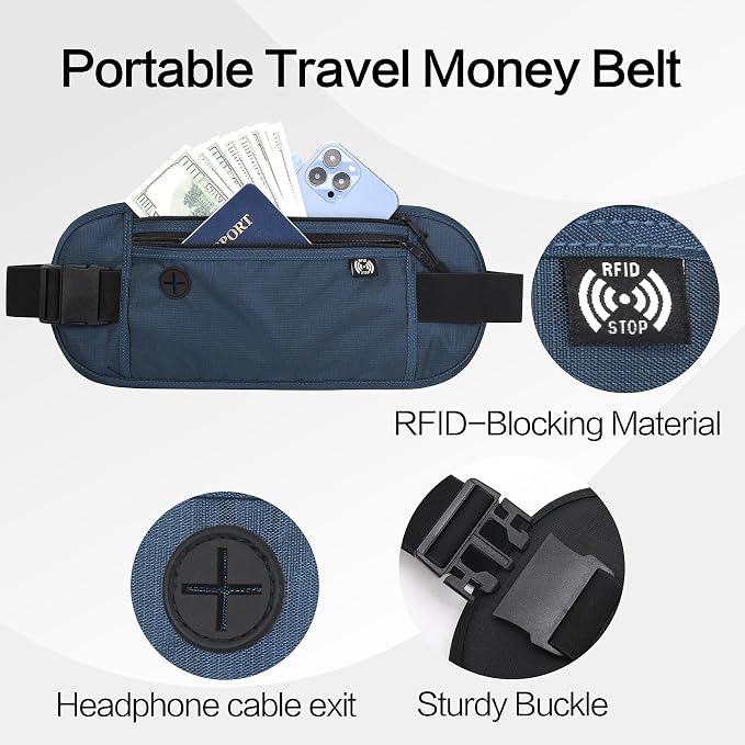TRAVELSAFE Slim RFID Blocking Money Belt for Travel - Anti-Theft Hidden Passport Holder Waist Wallet with Secure Pouch for Cash, Credit Cards & Phone Safe (B - Navy Blue) - Image 2