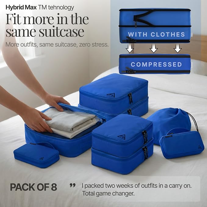 8 pcs Compression Packing Bags Cubes Set with HybridMax Double-Capacity Design - Packing Cubes for Travel Compression to Maximize Limited Luggage Space, Blue - Image 5