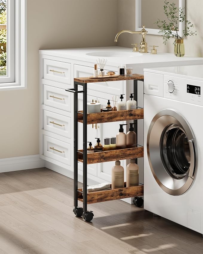 4-Tier Slim Storage Cart, 5.1'' Kitchen Serving Trolley, Slim Rolling Cart with Handle and Guard Rails, Slim Cabinet for Small Spaces, for Dining Room, Rustic Brown and Black TTC01BF - Image 2