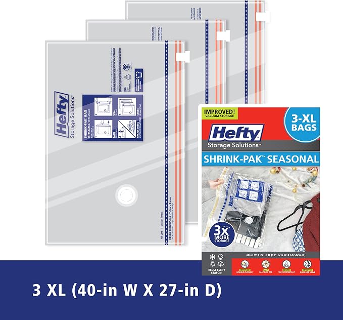 Hefty Shrink-Pak - 3 Extra Large Vacuum Storage Bags for Clothes, Pillows, Towels, or Blankets - Space Saver Vacuum Sealer Bags Ideal Under Bed Storage Solutions - Image 7