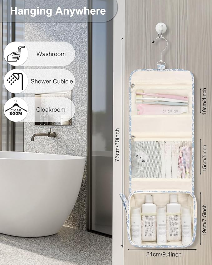 Relavel Small Hanging Toiletry Bag for Women, Floral Hanging Organizer | Portable Travel Bag for Travel-Sized Shower Dopp Kit, Waterproof Toiletries Organizer with 3 Compartments for Outdoor - Image 3