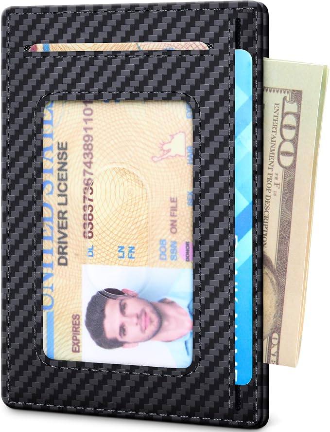 Travelambo 100% Genuine Leather Wallet for Men and Women, Slim Minimalist RFID Blocking Front Pocket Credit Card Holder with Gift Box(Carbon Fiber Black) - Image 8