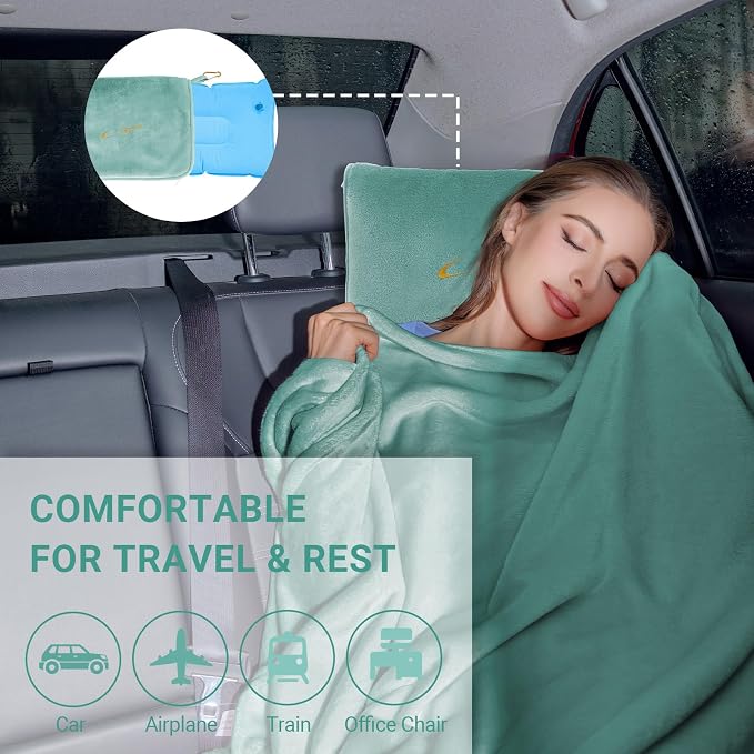 Travel Blanket & Pillow Set, 300 GSM Soft Fleece, 60x43 Inches, 3-in-1 Airplane Blanket, Travel Pillow and Blanket Set, Travel Blanket Airplane Compact with Bag, Travel Essentials,Mint Green - Image 8