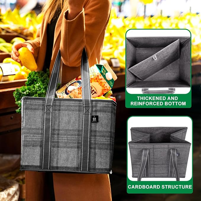 VENO 3 Pack Heavy Duty Reusable Grocery Shopping Bags Utility Tote | Water Resistant, Storage Box with Sturdy Handles & Hard Bottom, Foldable for Groceries Shopping Cart(Windowpane, 6 Gallon) - Image 2