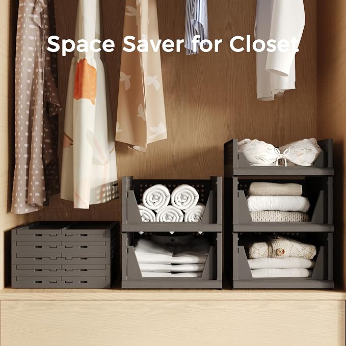 5 Pack Folding Closet Organizers - Stackable Plastic Drawer Basket for Clothing, Shelf Storage Container for Closet, Wardrobe, Bedroom, Bathroom, Office (Black) - Image 5