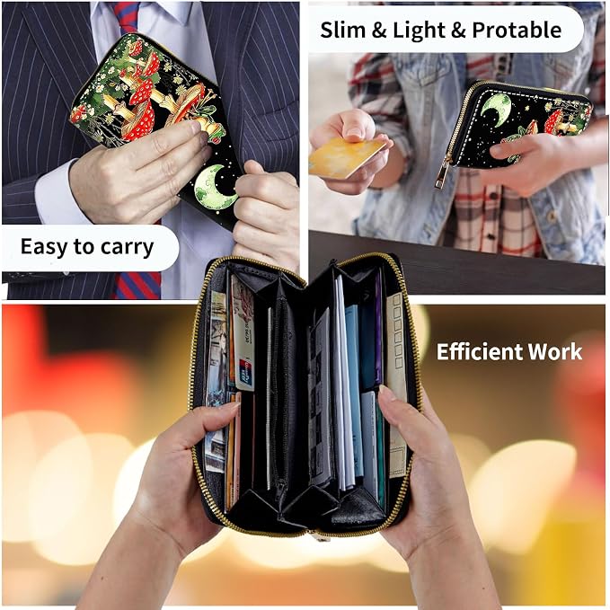 Wallet,Leather Long Wallet Suitable For Ladies And Teenagers - Detachable Wristband + RFID Travel Wallet With Card Slot - Aesthetic Mushroom Frog - Image 7