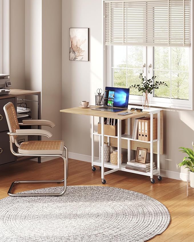 Folding Dining Table, Movable Dining Table, Kitchen Table for Small Space, Foldable and Expandable Desk Furniture with 6 Wheels, for Dining, Living Room, Apartment, White and Natural TCZ01WN - Image 5