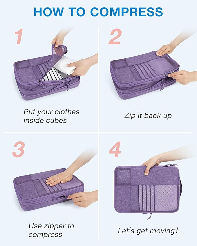 BAGSMART Compression Packing Cubes for Travel, 6 Set Luggage Organizer Bags | Fits 20/24/28in Carry-On Suitcases, Compressible Bags Streamline Cruise Travel Essentials, Sturdy Handles, Machine Washable - Image 6