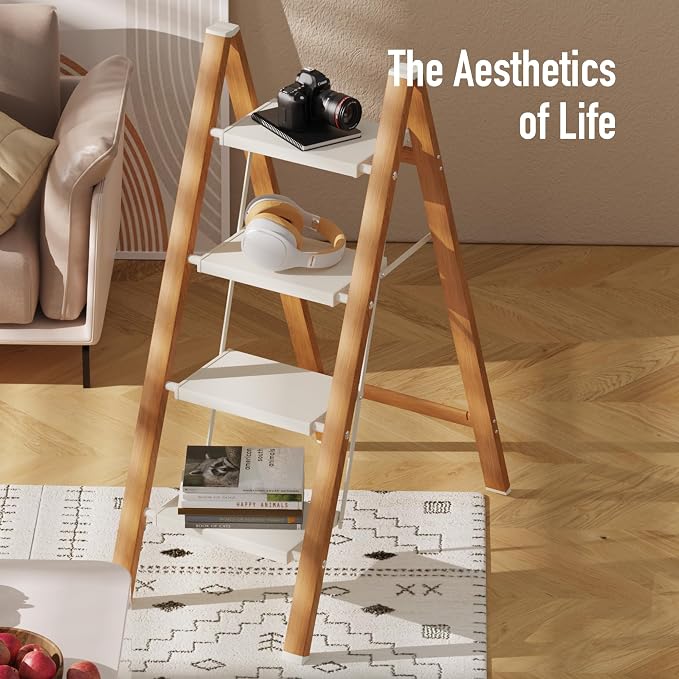 Mayi Plus 4 Step Stool Foldable, Aluminum, Lightweight Step Ladder | Extra-wide anti-slip folding steps with 330 lbs, for home,kitchen,office,outdoor,White & Woodgrain. - Image 3